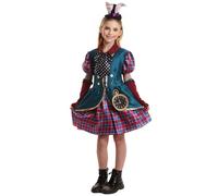 HPO Girls Fantasy Tea Party Mad Hatter Dress | Hat, Gloves & Clock Suitable for Halloween | Synthetic Fabric - (9 Years to 10 Years)