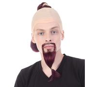 HPO HALLOWEEN PARTY ONLINE Adult Men's Genie Wig with Beard and Mustache Set, Burgundy Color, Breathable Bald Cap, Non-Flammable Synthetic Fiber