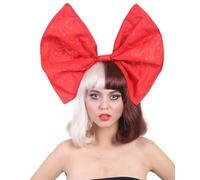 HPO HALLOWEEN PARTY ONLINE Adult Women Artist Straight Wig in Blonde & Brown Wig with Red Bow | Flame-retardant Synthetic Fiber Hair