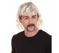 HPO HALLOWEEN PARTY ONLINE Men's 80's Mullet Wig with Handlebar Mustache Set, Long Curly Zookeeper Style with Flame-Retardant - Blonde