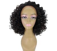 HPO Idia Curly 13 Inch Long 4X4 Hand-Tied Lace Front Wig, Good Heat Resistant Fiber, 20+ Shades of Natural, Dip Dyed, & Blended Colors (Black with Golden Highlights)