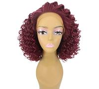 HPO Idia Curly 13 Inch Long 4X4 Hand-Tied Lace Front Wig, Good Heat Resistant Fiber, 20+ Shades of Natural, Dip Dyed, & Blended Colors (Deep Red)