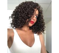 HPO Idia Curly 13 Inch Long 4X4 Hand-Tied Lace Front Wig, Heat Resistant Fiber, 20+ Shades of Natural, Dip Dyed, & Blended Colors (#F4/30 - Brown with Caramel Highlights)
