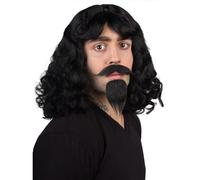 HPO Men’s Musketeer Black Wig Set - Shoulder Length Wavy Wigs with Mustache & Goatee for Halloween, Cosplay, and Themed Parties