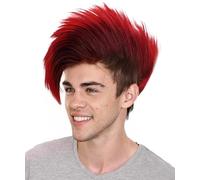 HPO Men’s Red & Black Mohawk Wig - Spiked Short Costume Wig for Adults - Punk Rock Halloween Fancy Dress Hairpiece