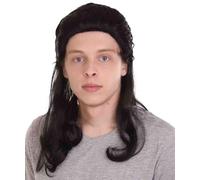 HPO Men's 80s Mullet Black Retro Halloween Wig | Mullet Fancy Dress Curly Wig 70's 80's Costume Accessories for Men | Funky Afro Wig for 1980's Disco, Theme Party