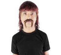 HPO Men's 80's Mullet Wig with Handlebar Mustache Set, Long Curly Zookeeper Style with Flame-Retardant - Burgundy