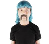 HPO Men's 80's Mullet Wig with Handlebar Mustache Set, Long Curly Zookeeper Style with Flame-Retardant - Light Blue