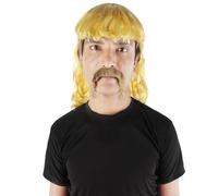 HPO Men's 80's Mullet Wig with Handlebar Mustache Set, Long Curly Zookeeper Style with Flame-Retardant - Light Yellow