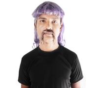 HPO Men's 80's Mullet Wig with Handlebar Mustache Set, Long Curly Zookeeper Style with Flame-Retardant - Light Purple