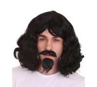 HPO Men's Goatee Black Wig with Beard and Moustache Set for Adult | Classic Old Fashioned Style Wigs Set | Flame-Retardant Hair for Halloween Party