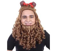 HPO Men's Lion Mane Curly Wig with Ears & Beard | Adult Fancy Dress Jungle Animal Costume Hairpiece | Breathable Adjustable Cap for Halloween, Cosplay & Stage - Brown