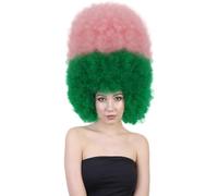 HPO Super Sized Jumbo Afro Wig with Multiple Colors | Large Curly Texture Classic Bonded 70s Outfits Afro Wig for Halloween, Cosplay, and Parties, Pink, Green