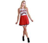 HPO Teen’s Haunted Spirit Cheer Red & White Costume - Tattered Cheer Dress Outfit | Halloween Horror Cosplay for Themed Parties, Stage Shows & Roleplay Events - Large