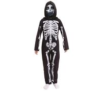 HPO Teen Skeleton Black Costume - Full-Body Bone Print Jumpsuit with Stretchy Synthetic Fabric | Outfit for Halloween Nights, Community Events, Cosplay Shows & Themed Party - 7-8 Y
