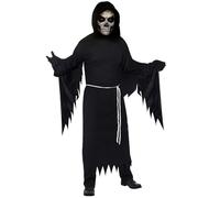 HPO Teen's Dusk Reaper Black Costume - Hooded Robe with Skeleton Detailing and Scythe Prop | Scary Outfit for Halloween Haunted Houses, Cosplay & Spooky-Themed Events - Medium