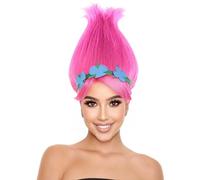HPO HALLOWEEN PARTY ONLINE Vibrant Pointed Princess Troll Pink Pointy Wig with Green and Blue Floral Crown for Adult, Universal Design Flame-retardant Fiber
