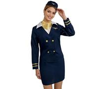 HPO Women’s Air Hostess Costume - Elegant Navy Blue Uniform Dress with Hat, Skirt, Jacket, Neck Collar, Themed Events
