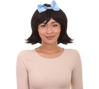 HPO Women’s Black Cavewoman Wig with Bow, Breathable Capless Cap, Flame-retardant Synthetic Fiber