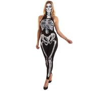 HPO Women’s Black Scary Skeleton Costume - Adult Gothic Bodysuit with White Bone Print | Halloween Outfit for Cosplay, Stage Performances, Roleplay & Themed Parties - Large