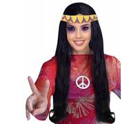 HPO Women’s Long Black Hippie Wig with Colorful Headband - Boho 60s-70s for Retro Costume, Cosplay, Halloween or Themed Parties