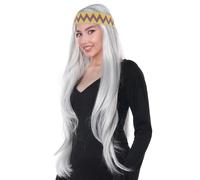 HPO Women’s Long Grey Hippie Wig with Colorful Headband - Boho 60s-70s for Retro Costume, Cosplay, Halloween or Themed Parties