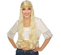 HPO Women’s Long Grey Hippie Wig with Colorful Headband - Boho 60s-70s for Retro Costume, Cosplay, Halloween or Themed Parties - Blonde