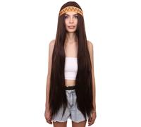 HPO Women’s Long Grey Hippie Wig with Colorful Headband - Boho 60s-70s for Retro Costume, Cosplay, Halloween or Themed Parties - Brown