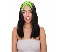 HPO Women's 19" Inch Lime Green Edgy Icon 80's Mullet - Black Two Tone with Neon Roots - Adjustable Cap for Comfort