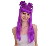 HPO Women's Asian Princess Straight Wig | Adult Party Ready Cosplay Halloween Wigs for Women | Fabric Handcrafted Hair | Breathable Fits All - Neon Purple