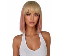HPO Women's Blonde & Pink Bob Wig with Hairnet - Straight Shoulder Length Two Tone Synthetic Hair Breathable Cap Adult Fancy Dress Cosplay