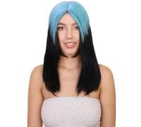 HPO Women's Edgy Black Mullet Wig with Blue Roots - 19'' Retro 70s 80s Popstar Cosplay Hair - Choppy Bangs Halloween Party Costume Wig