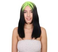 HPO Women's Edgy Black Mullet Wig with Neon Green Roots - 19'' Retro 70s 80s Popstar Cosplay Hair - Choppy Bangs Halloween Party Costume Wig