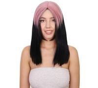 HPO Women's Edgy Black Mullet Wig with Pink Roots - 19'' Retro 70s 80s Popstar Cosplay Hair - Choppy Bangs Halloween Party Costume Wig