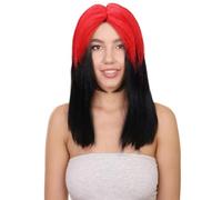 HPO Women's Edgy Black Mullet Wig with Red Roots - 19'' Retro 70s 80s Popstar Cosplay Hair - Choppy Bangs Halloween Party Costume Wig