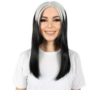 HPO Women's Edgy Black Mullet Wig with White Roots - 19'' Retro 70s 80s Popstar Cosplay Hair - Choppy Bangs Halloween Party Costume Wig