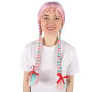 HPO Women's Long Braided Dutch Girls Wig | Adult Halloween Costume Party Wigs for Women | Flame Retardant Hair for Group Cosplay - Mixed Pink