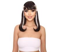 HPO Women's Narcissistic Witch White & Black Color Wig, Half-Up Black with White Strands, Quality Halloween Accessory