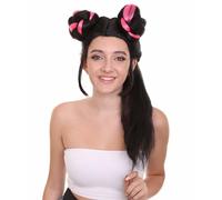 HPO Women's Singer Bun Wigs Collection | Adult Halloween Song Contest Celebrity Wig for Women | Breathable for Themed Party Cosplay - Black & Pink