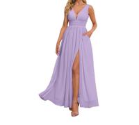 HPPEE Chiffon Lilac Bridesmaid Dresses with Pockets A Line V Neck Long Maid of Honor Wedding Guest Dress UK10