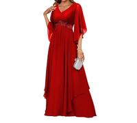 HPPEE Flutter Sleeve Mother of The Bride Dresses for Wedding Lace Applique Empire Waist Chiffon Red Evening Formal Gown UK10