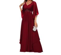 HPPEE Flutter Sleeve Mother of The Bride Dresses for Wedding Lace Applique Empire Waist Chiffon Wine Red Evening Formal Gown UK18