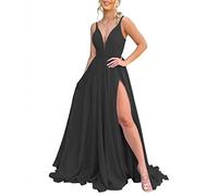 HPPEE Invités de Mariage Robes Pour Femmes Manches Courtes Longue Double col en V A-Ligne Robe de soirée formelle avec poches Black UK32