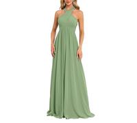 HPPEE Sage Green Chiffon Bridesmaid Dresses Pleated Formal Gown Halter Maid of Honor Sleeveless Wedding Guest Dress UK14