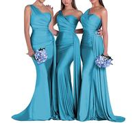 HPPEE Sexy Pleated Satin Mermaid Bridesmaid Dresses Mermaid Maxi One Shoulder Sleeveless Sexy Pleated Wedding Guest Dresses Aqua UK16
