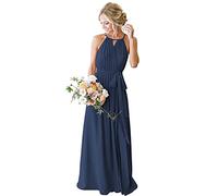 HPPEE Sleeveless Bridesmaid Dress Sexy Elegant Cold Shoulder Evening Prom Gowns with Pleats for Juniors Navy Blue UK30