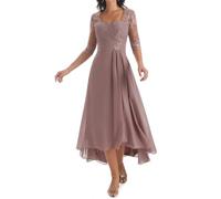 HPPEE Tea Length Wisteria Mother of The Bride Dresses Plus Size or Wedding with Sleeves Lace Applique A Line Chiffon Formal Party Dress UK22