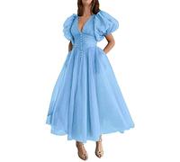 HPPEE Vintage Puff Sleeve Princess Dresses for Juniors Ankle Length Tulle Dotted Prom Quinceanera Gowns with Pockets Sky Blue UK10