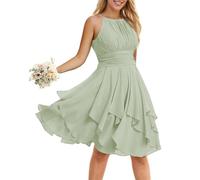 HPPEE Women's Sage Green Halter Short Bridesmaid Dresses for Juniors Ruffle A Line Pleated Short Pleat Formal Dress with Pockets for Teens UK8