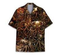 HPQ Vintage Cowboy Dinosaur Hawaiian Shirt for Men, Cowboy Dinosaur Button Down, Western Rodeo Shirt Short Sleeve, Brown-octopus, M